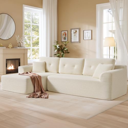 VASAGLE Boneless Couch, Modern Cloud Couch with Deep Seat, Corduroy Sofa for Living Room, Bedroom, Modular Sectional Sofa with Left-Facing Chaise, 108.3 Inches, Cloud White ULCS181WD01 Left