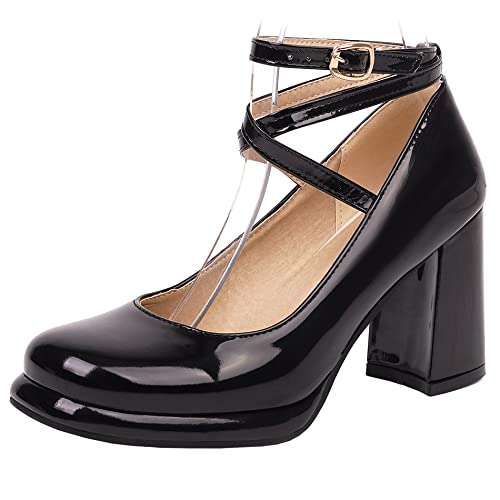 Women Block Heel Mary Jane Shoes, High Heel Pumps Round Toe Buckle Dress Pumps with Platform Criss Cross Strap Fashion Rgrsed Black Size 8.5 Uk/44