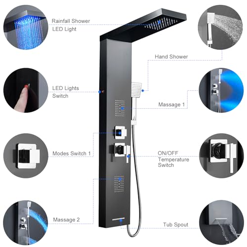 MENATT Stainless Steel Shower Tower Panel System with LED Waterfall Shower, 5-in-1 Shower Panels with Rainfall Shower Head, 2-in-1 Body Jets,Handheld Showerhead,Bathtub Filler (Black)