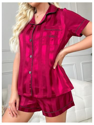 Image of SHENHE Women's 2 Piece Satin Pajama Set Leopard Short Sleeve Button Down Pj Shorts Set Burgundy Stripe Small