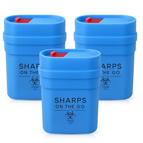 3pk Travel Sharps Bin 0.2L – Small Sharps Box for Needles, Lancets & Insulin Pen Tips – Portable Disposal Container with Secure Leakproof Lid – Medical Waste Bin, Blue