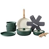 Country Kitchen Cookware Set with Removable Handle, Oven & RV Safe Pots and Pans Set, Sage Wood Handle, Original