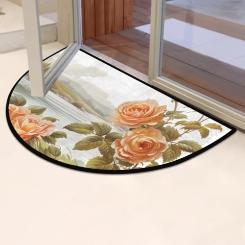 Image of cfpolar Half Round Door Mat Vintage Rose Flower Non-Slip Semi Circle Area Rug Washable Half Moon Hearth Rugs for Indoor Outdoor Bathroom Kitchen Patio Runner Mat Laundry Room Home Decoration
