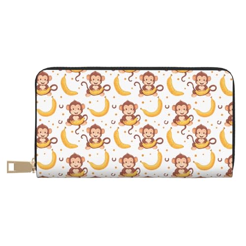 Leather Thin Slim Wallets for Women Men - Fashion Cute Banana Monkey Print Card Wallet Holder with Zipper