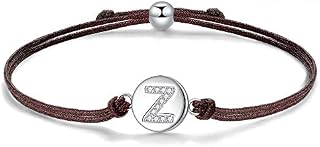 J.Endéar Initial Letter A-Z Bracelet Sterling Silver Zirconia with Filigree Cord, Handmade Bracelet for Women Girls Jewellery 24cm Adjustable