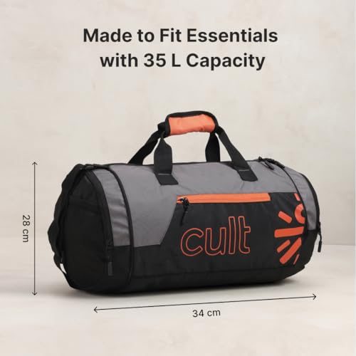 Image of Cultsport 35L Gym /Duffle Bag for Men & Women | Water-Resistant Sports Travel Bag with Shoe Compartment, Adjustable Shoulder Strap, Side Pocket & Spacious Main Storage - Grey Orange