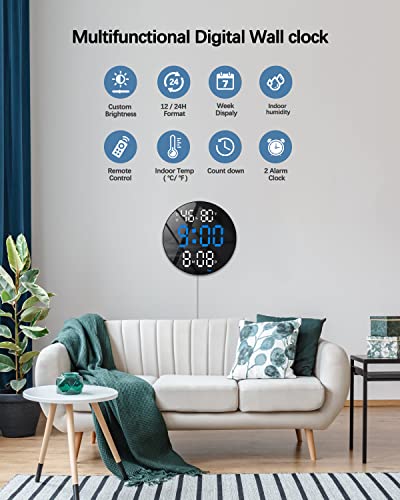 Jofomp 10" Digital Wall Clock With Large Display - Modern Plug-In Silent Clock For Living Room Decor - Remote Control/Dimmer/Temp/Humidity/Dst/Battery Backup - 12/24H (Blue) #TOP3