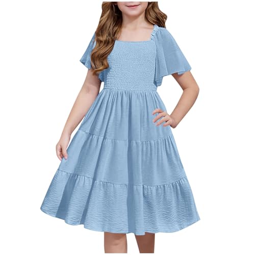 Lmdudan 2025 Girls Summer Dress Boho Casual Smocked Swing Flowy Ruffle Midi Dresses Square Neck Party Dresses 5-15 Years