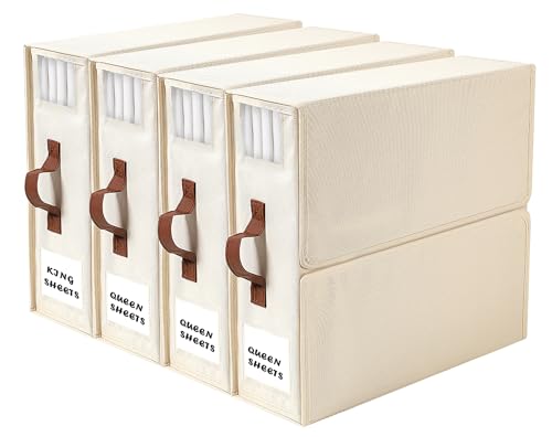 BettMorrow 4 Pack Foldable Bed Sheets Set Organizers and Storage(King & Queen Size), Linen Closet Organizers with Clear Window & Label, Flavenly Bedding Storage Box,Under bed Storage (Beige)
