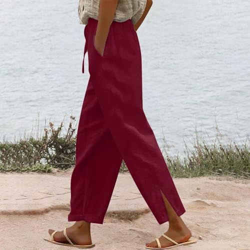 Womens Wide Leg Cotton Linen Pants Side Slit Hem Ankle Length Slacks Casual Elastic Waist Trousers with Pockets2