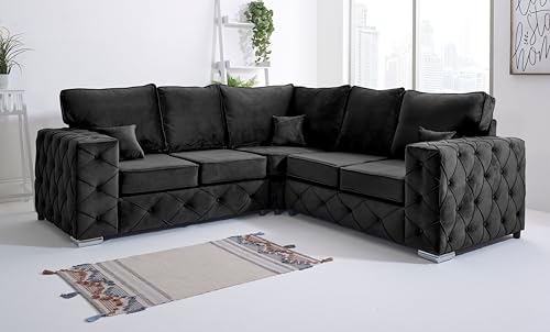 Sofahub - Juego de sofá esquinero de terciopelo de felpa negro de 5 plazas tapizado en tela de lujo, ideal para sala de estar, sofás y sofás de diseño moderno de respaldo completo