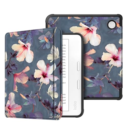 Fintie Hülle für Tolino Vision Color (2024)/Vision 6 (2021) und Kobo Libra Color (2024)/Libra 2 (2021) 7 Zoll eReader - Superleicht Soft TPU Schutzhülle mit Auto Schlaf/Wach, Hibiskus