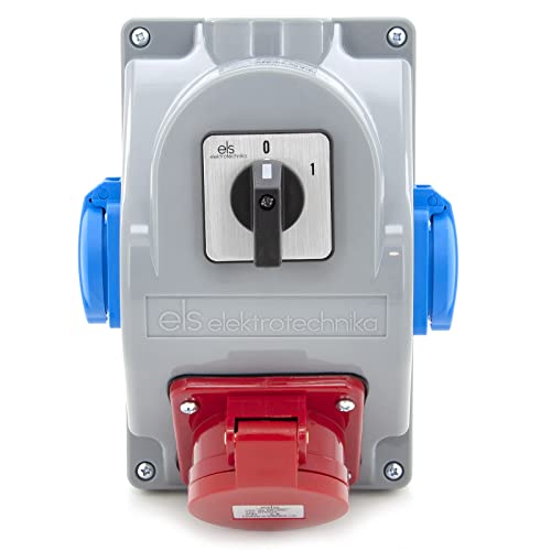 ELS Elektrotechnika Distributore di corrente da parete, 2 x 230 V Schuko + 1 x CEE 16 A e interruttore 0-1, distributore di corrente cablato, connettori per interni/esterni, officine e fabbriche
