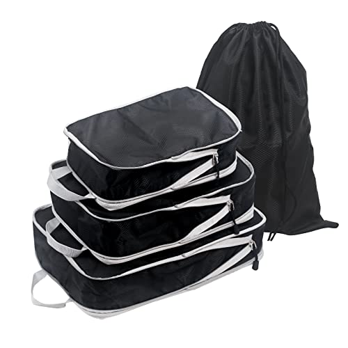 KULIVING Packtaschen für Koffer Rucksack & Reisegepäck | Packing Cubes Compression Packwürfel als Koffer Organizer | 4-teiliges Kompressionsbeutel Set aus Nylon, Schwarz, Ultraleicht & Wasserdicht Cover