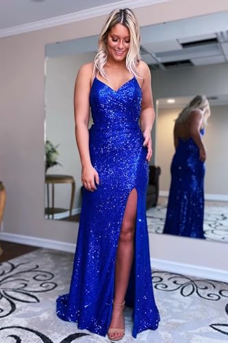 Sequin Prom Dresses Sparkly Spaghetti Straps Mermaid Formal Evening Dress with Slit2