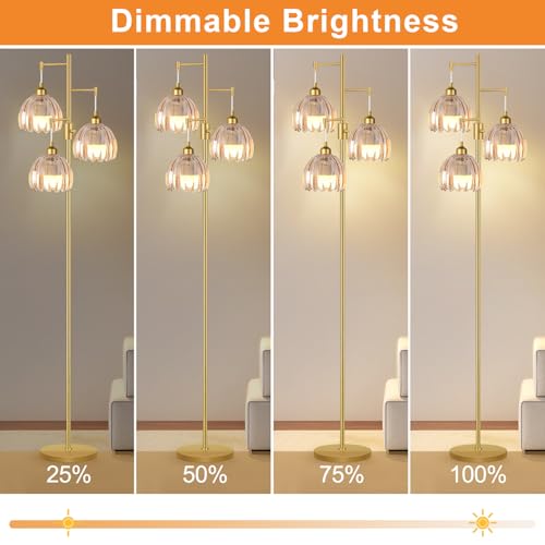 Image of ZECOXOL Gold Floor Lamps for Living Room 3 Lights Floor Lamp with Glass Lampshape & Three Led Bulb,Mid Century Standing Lamp