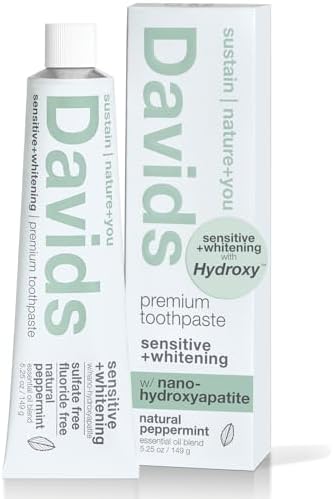 Davids Fluoride Free Nano Hydroxyapatite Toothpaste for Remineralizing Enamel & Sensitive Relief, Whitening, Antiplaque, SLS Free, Natural Peppermint, 5.25oz, Made in USA