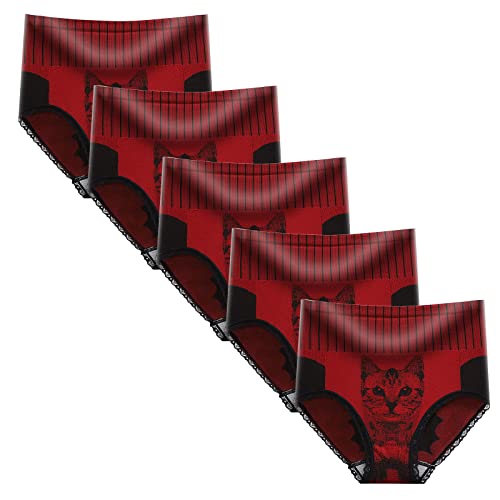 Ensemble Table Et 4 Chaises 5 pièces Femmes Dames Sexy sous-vêtement tête de Chat imprimé Taille Haute Dentelle Culotte sous-vêtements Court Mode Corset Bustier Sexy Rouge (Red, XL)