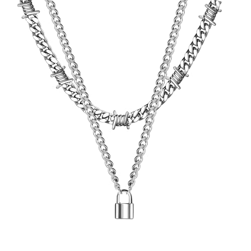 Barb Wire Choker Necklace Lock Pendant Necklace for Men Women Stainless Steel Layered Gothic Thorns Punk Chunky Chain Necklaces