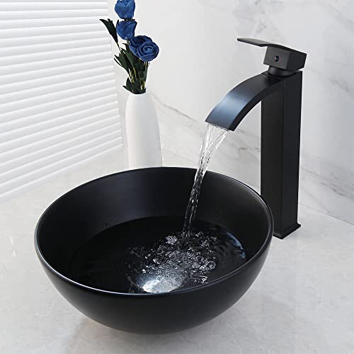 Washly 13\" Black Bathroom Ceramic Vessel Sink With Faucet And Drain Combo Above Countertop Round Bowl Sink Waterfall Faucet Mixer Tap Set