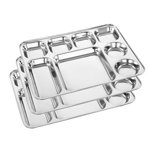 Image of Expresso - Heavy Duty Stainless Steel Rectangle Dinner Plate w /8 Sections Divided Mess Trays for Kids Lunch, Camping, Events & Every Day Use Kitchenware - Set of 3 Pcs