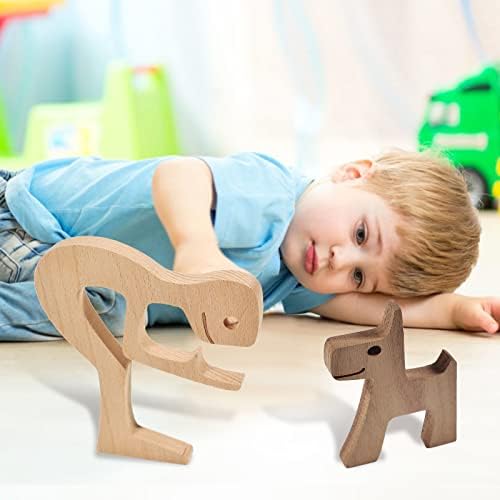 Pipihome Family Puppy Cat Wooden Carving Ornaments, Natural Solid Wood Cute Puppy, Kitty and People Crafts Statue Sculpture Ornament Home Decor, Pet Lover Creative Gifts (Men Kiss Puppy)