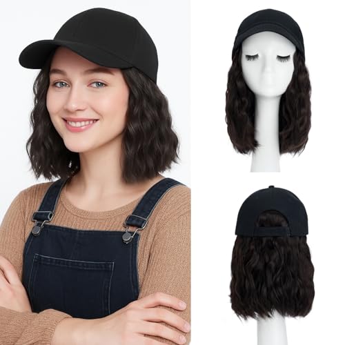 SEGO Hat Wig, Hat with Hair Attached for Women Black Baseball Cap with Hair Extensions, Short Curly Baseball Cap Wig Adjustable Hats for Daily Party -8 Inch #4A Black Brown
