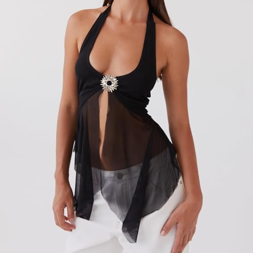 Women Halter Top Y2k Flowy Sheer Mesh Split Hem Backless Going Out Tank Top Festival Clubwear2