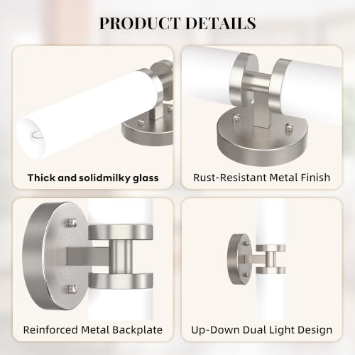 Image of Wall Sconces Set of 2, Hardwired Bathroom Light Fixtures, | Modern Vanity Wall Lighting with Milky White Glass Shade, Wall Sconce for Mirror Bedroom Hallway, E26 Base, Brushed Nickel