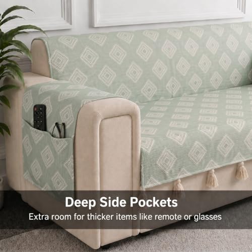 Image of STITCHNEST 'Verdant Rekhika Stories' 3 Seater Sofa Cover | Full Coverage with Armrest Pockets | Elegant Jacquard Fabric, Decorative Tassels, Washable & Durable for Modern Living