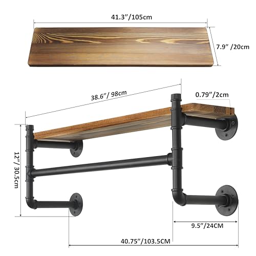 WEBI Wall Mounted Clothes Rack with Shelf,41.3\" Long Industrial Pipe Clothing Rack with Shelves,Heavy Duty Iron Garment Rack Bar,Retail Display Clothes Rod for Clothes,Laundry Room,Black
