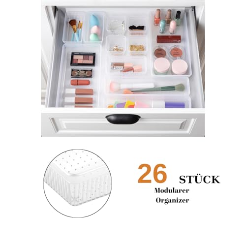 Schubladen Organizer, 26er Set, Schreibtisch Organizer, Küchen Organizer, Organizer Schubade, Schminktisch Organizer, Make up Organizer, Schubladentrenner, Badezimmer Organizer (Transparent, 26)
