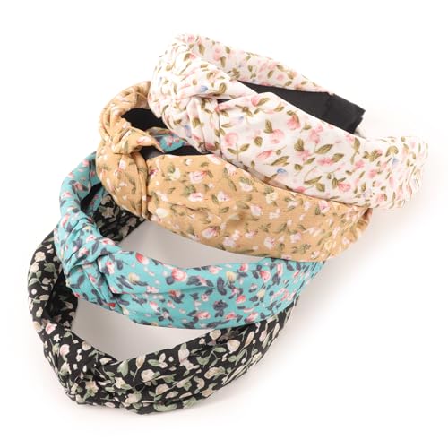 Image of DRESHOW Headbands for Women and Girls Flower Printed Knotted Plastic Head Band Fashion Boho Wide Hairbands Non Slip Hair Accessories 4 Pcs