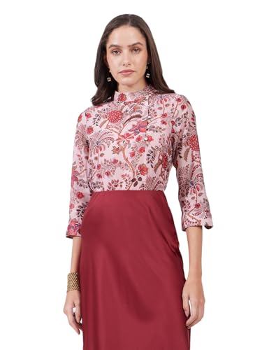 Image of FableStreet Women Formal Top | Asymmetrical Button Placket Band Collar Three-Quarter Sleeves | Pure Cotton Smooth Fabric for Office & Workwear