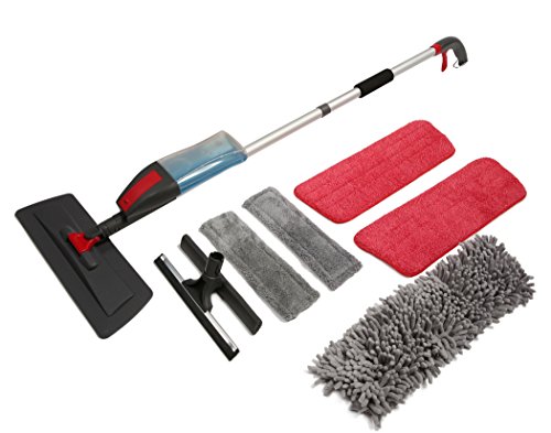 Spray Mop Kit, Mop System Kitchen, Bathroom, Hardwood, Laminate, Wood, Ceramic Tiles, Window Cleaning Dusting, Refillable Bottle + 5 Free Premium Microfiber Mop Pads