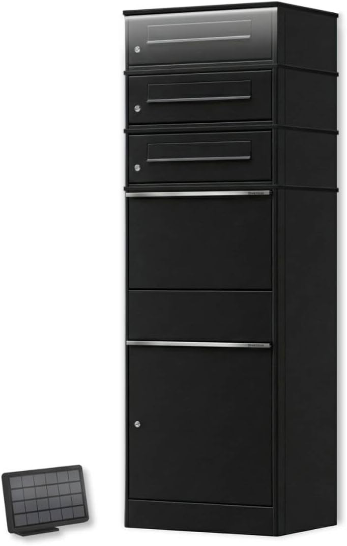Parcel Box with LED Solar Lighting and Three Letterboxes, Lockable and Weatherproof in Black without Engraving, Freestanding Made of Powder-Coated Steel, for Contactless Delivery Outside