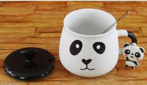 Image of Classy Corners Ceramic Panda Coffee Mug with LID, Spoon and Beautiful Keychain(Smily Panda)
