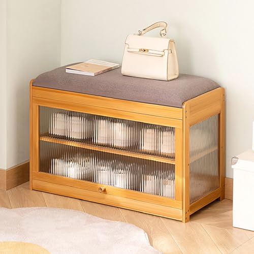 Zapatero de bambú con cojín de asiento de piel sintética, banco de almacenamiento de zapatos de entrada de 2 niveles, pequeño soporte de madera para organizador de puerta delantera, 16.9 x 27.5 x 12.5