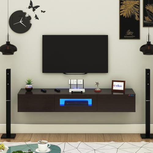 Image of Anikaa Lucen Wall Mount Modern Floating TV Unit for Living Room | 3 Closed Storage cabinets with hinged Door - Blue Color LED Light | Ideal for UP to 65 Inch TV (Wenge Finish - DIY Installation)