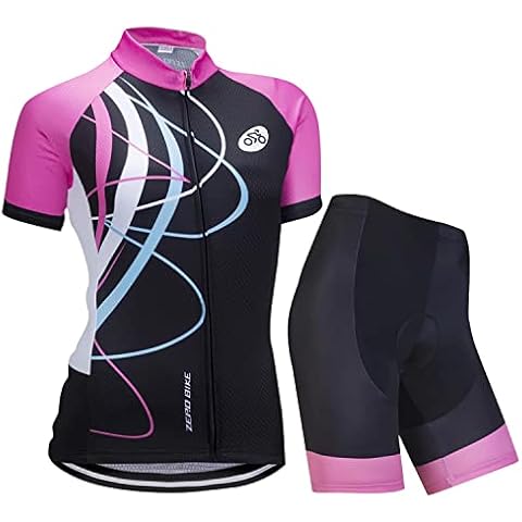 ZEROBIKE Women's Short Sleeve Breathable Cycling Jersey Set, Quick-Dry Biking Shirt with 5D Cushion Shorts Padded Pants, M, Galloping Pink Cover