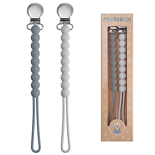 Image of Pacifier Clip for Boys Girls - MORIBOX Paci Clip Soothie Baby Binky Holder for Shower Gift Birthday 2 Pack (Grey)
