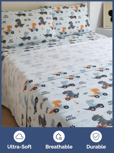 Image of Kids Queen Size Dinosaur Bed Sheets - 4 Piece Kids Dinosaur Sheet Set - Speedy Racecar Bedding - Ultra-Soft, Cute & Cozy - Breathable & Machine Washable - Fun Bed Set for Boys, Girls, Teens & Toddlers