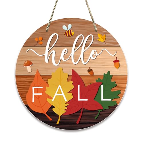 JUESMOS Hello Fall Door Sign 11.8" Autumn Maple Leaves Welcome Fall Wreath Hanging Sign for Home Rustic Door Hanger Farmhouse Fall Sign Harvest Thanksgiving Front Door Decor Porch Indoor Outdoor Decor