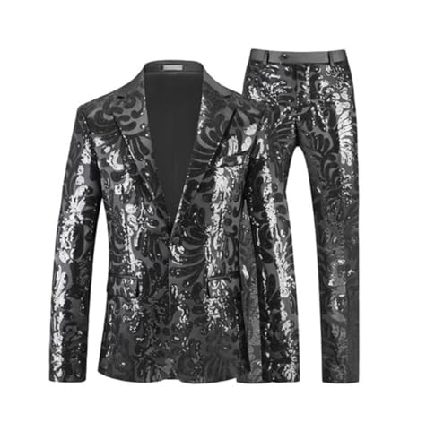 Men Party Sequined Suits Singer Host Dance Party Performance Dress Floral Blazers and Pants Black XL