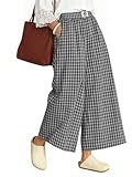TARSE Womens Wide Leg Capri Pants Cotton Gingham Plaid Culottes Summer Elastic Waist Palazzo Trousers Bottoms with Pockets(Blackwhite, M)