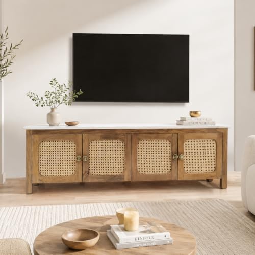 Image of The Attic Crestwood Solid Wood TV Cabinet with Cane Doors, Sideboard Storage & Display Cabinet for Living Room & Dining Room, Handcrafted Wood, Light Teak Finish