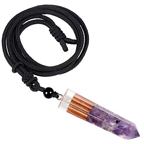 Amogeeli Améthyste Hexagone Colonne Collier Pendentif en Pierre de Cristal avec Corde Régularisable pour Femme et Homme Cover