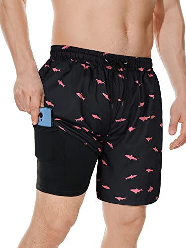 Century Star Mens Swim Trunks Swim Shorts With Mesh Lining Funny Swimwear Quick Dry Bathing Suits With Pockets Pink Shark X-Large #TOP10