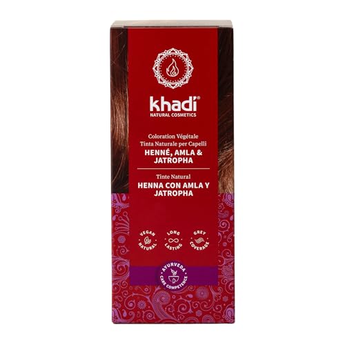 khadi HENNA, AMLA & JATROPHA Pflanzenhaarfarbe - Haarfarbe für kräftiges, dunkles Tiefrot bis zu auffälligem, sattem Mahagoni - Naturkosmetik 100g