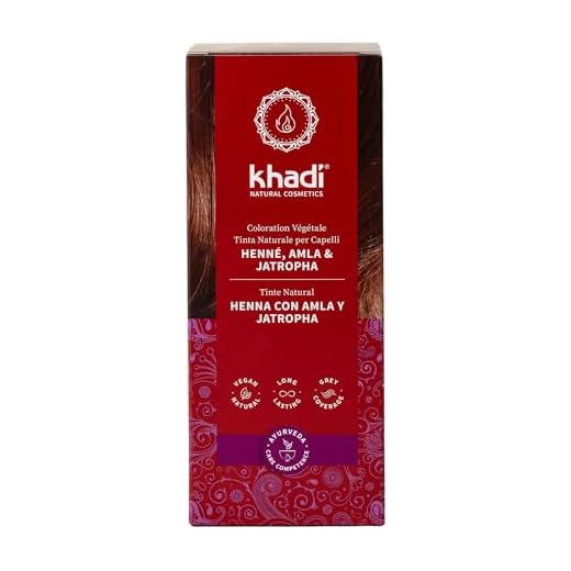 khadi HENNA, AMLA & JATROPHA Pflanzenhaarfarbe, Haarfarbe für kräftiges, dunkles Tiefrot bis zu auffälligem, sattem Mahagoni, Naturhaarfarbe 100% pflanzlich, natürlich & vegan, Naturkosmetik 100g